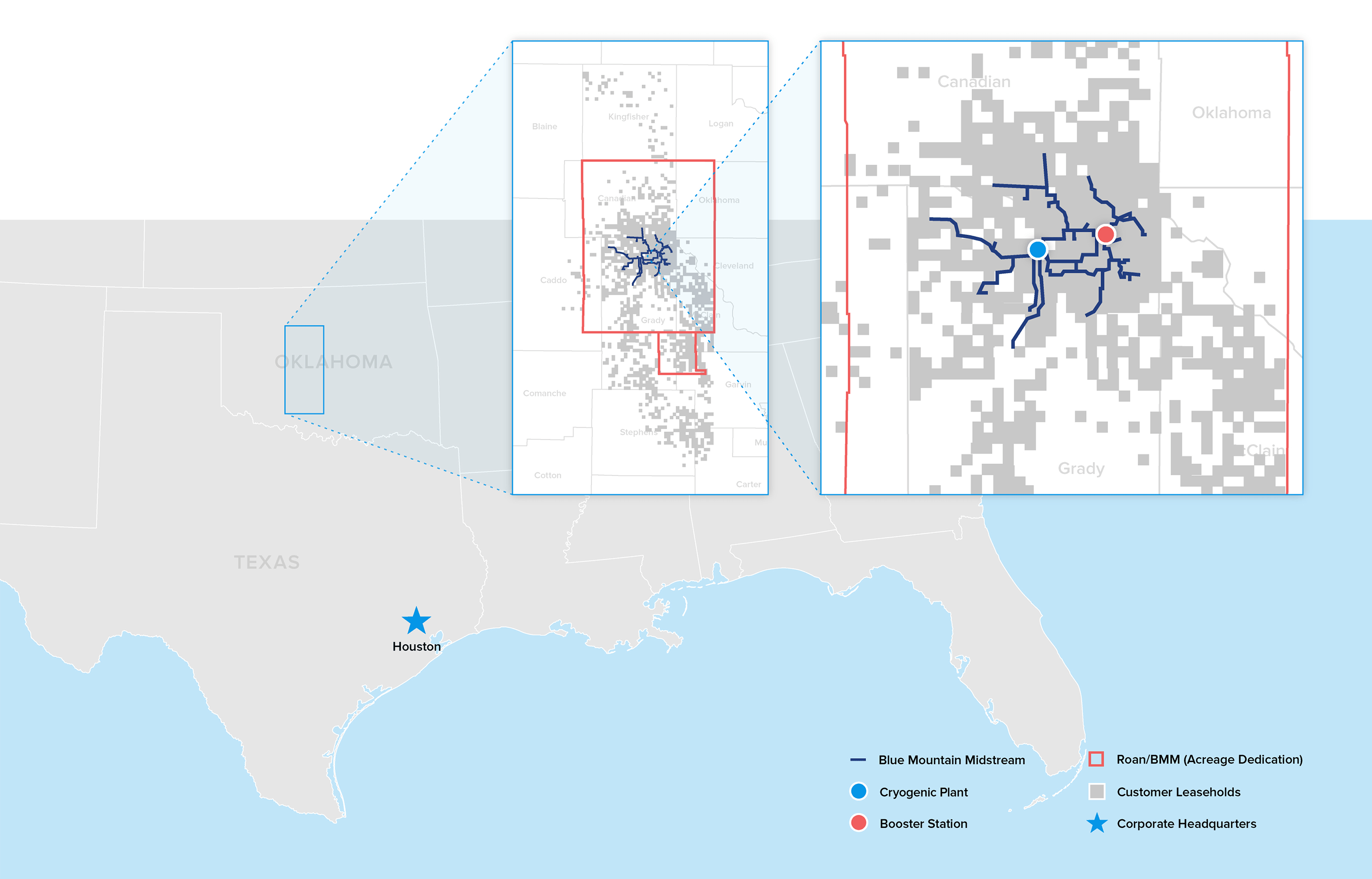 Blue Mountain Midstream operations map zooming in on Oklahoma, with Houston, TX as corporate headquarters