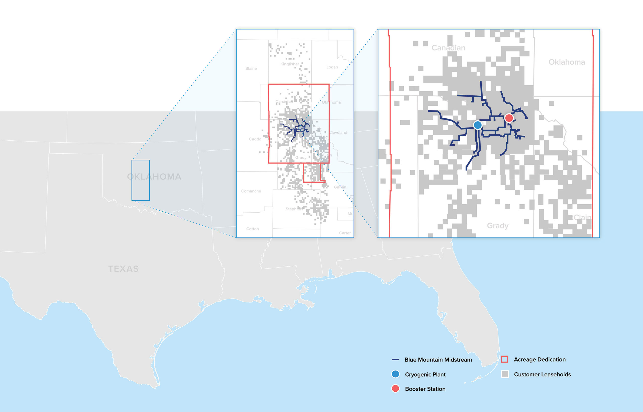 Blue Mountain Midstream operations map zooming in on Oklahoma
